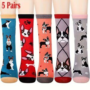 Women's 5 Pack Crew Socks Colorful French Bulldog Themed - OS - NWT